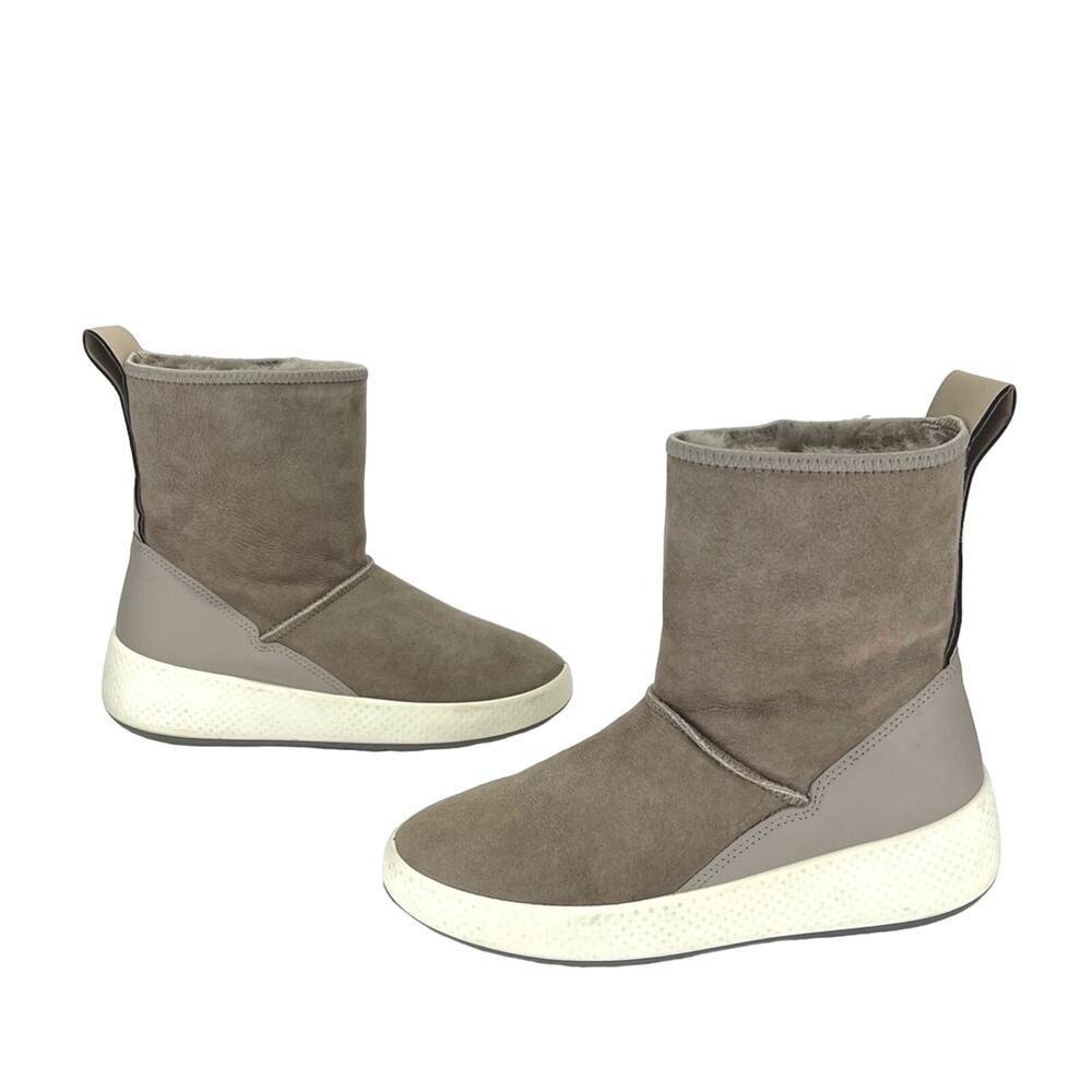 Ecco Women Taupe Winter Boot Size 5-5.5 Leather Shearling Lined Foldable Bootie
